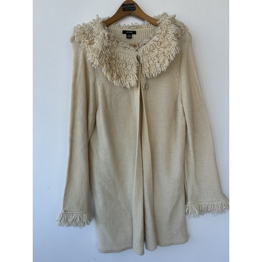 Alfani White Loopy Knit Cardigan Fringe Bohemian Wool Blend Womens XL